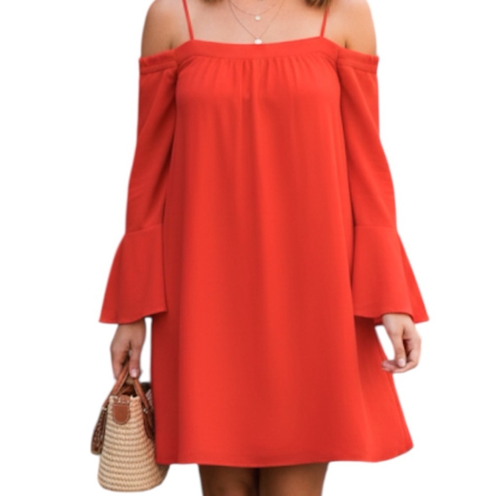 Skies Are Blue Orange Off The Shoulder Ruffle Sleeved Casual Chic Dress Small